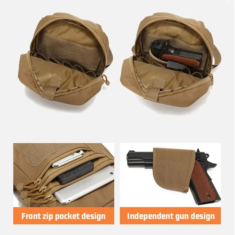 Borsa tattica beige con tasca frontale con zip e scomparto indipendente per pistola. Design compatto, ideale per attività all'aperto e sicurezza.