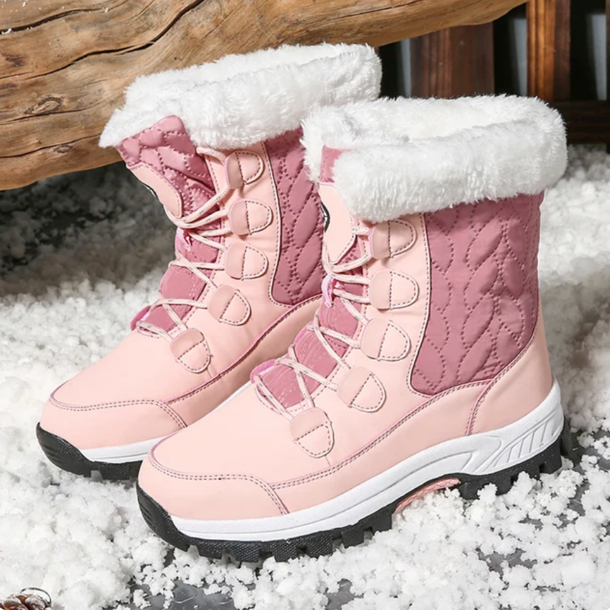 Stivali invernali rosa da donna con fodera in pelliccia sintetica bianca, suola antiscivolo nera, ideali per neve e freddo. Scarpe moda calde.