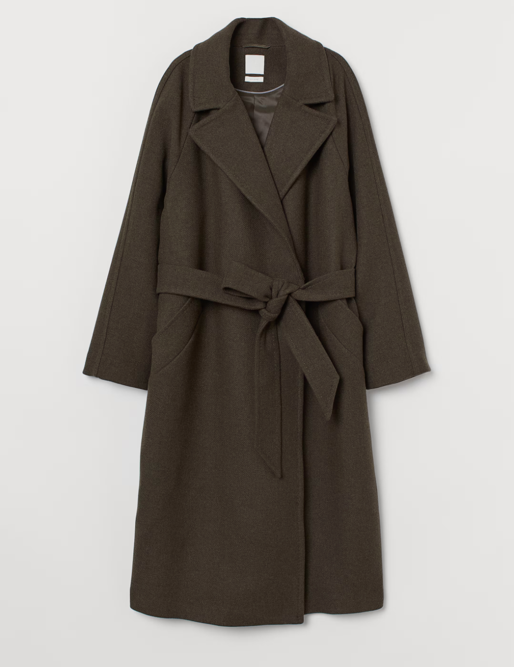 Cappotto lungo marrone scuro in lana con cintura, design elegante, tasche laterali, ideale per l'inverno. Moda donna, abbigliamento caldo.