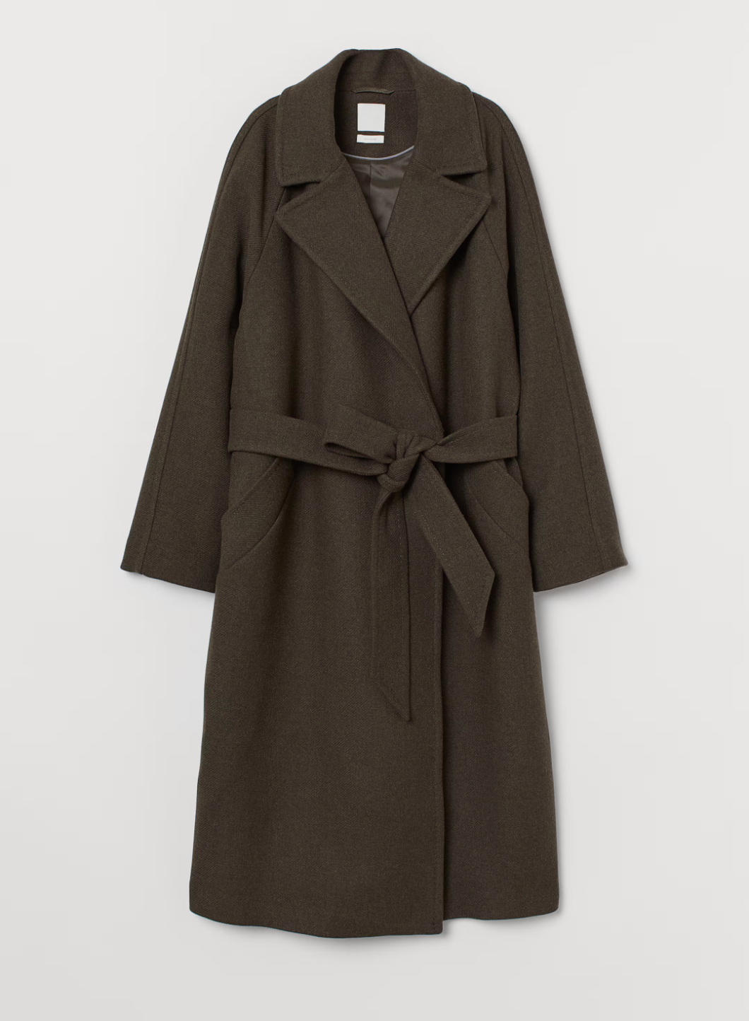 Cappotto lungo marrone scuro in lana con cintura, design elegante, tasche laterali, ideale per l'inverno. Moda donna, abbigliamento caldo.