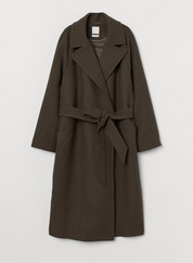 Cappotto lungo marrone scuro in lana con cintura, design elegante, tasche laterali, ideale per l'inverno. Moda donna, abbigliamento caldo.
