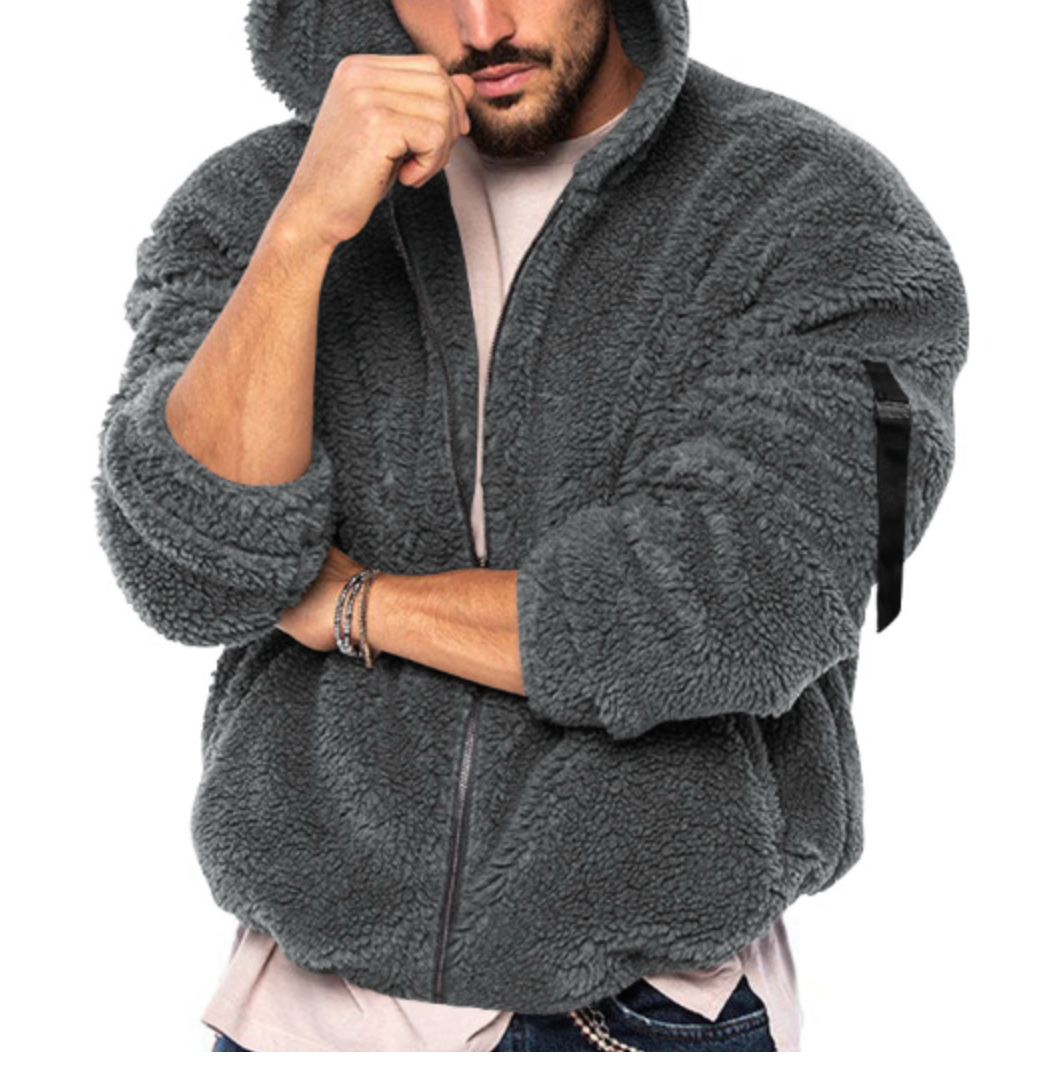 Giacca in pile grigio scuro da uomo con cappuccio, chiusura a zip, maniche lunghe, stile casual, ideale per l'inverno.