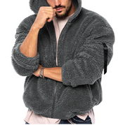 Giacca in pile grigio scuro da uomo con cappuccio, chiusura a zip, maniche lunghe, stile casual, ideale per l'inverno.