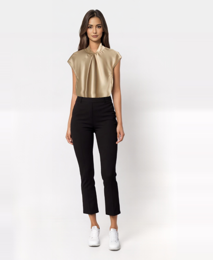 Donna in posa indossa camicetta dorata satinata e pantaloni neri eleganti, scarpe bianche. Moda femminile, abbigliamento elegante, stile moderno.
