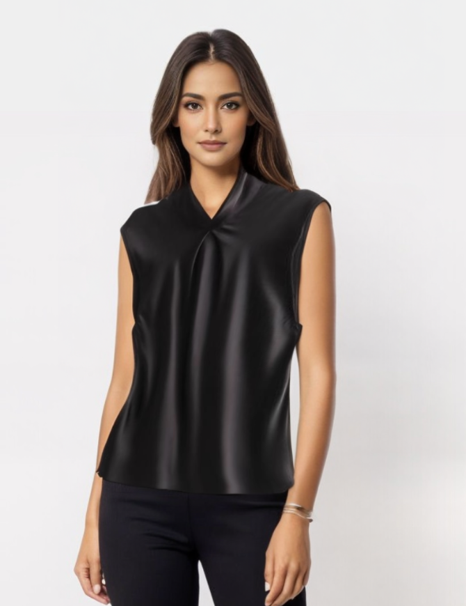 Donna con top nero senza maniche in raso, design elegante e moderno, sfondo bianco. Abbigliamento femminile alla moda, stile sofisticato.