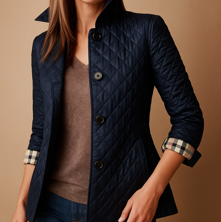 Giacca trapuntata blu scuro da donna, con colletto rialzato e polsini a quadri, abbinata a maglia marrone e jeans. Moda autunnale elegante.
