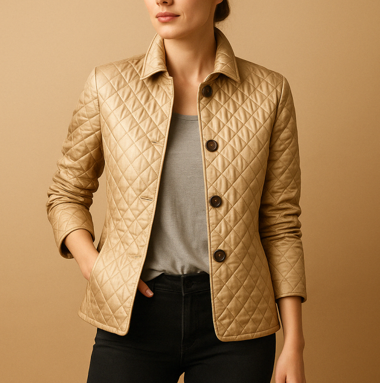 Giacca trapuntata beige da donna, elegante e casual, con bottoni scuri. Ideale per l'autunno, abbinata a maglia grigia e jeans neri.