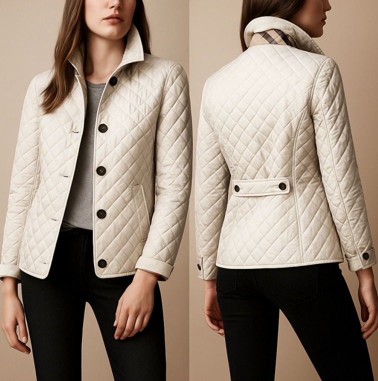 Giacca trapuntata bianca da donna, elegante e moderna, con bottoni neri e colletto rialzato. Perfetta per moda autunnale e invernale.