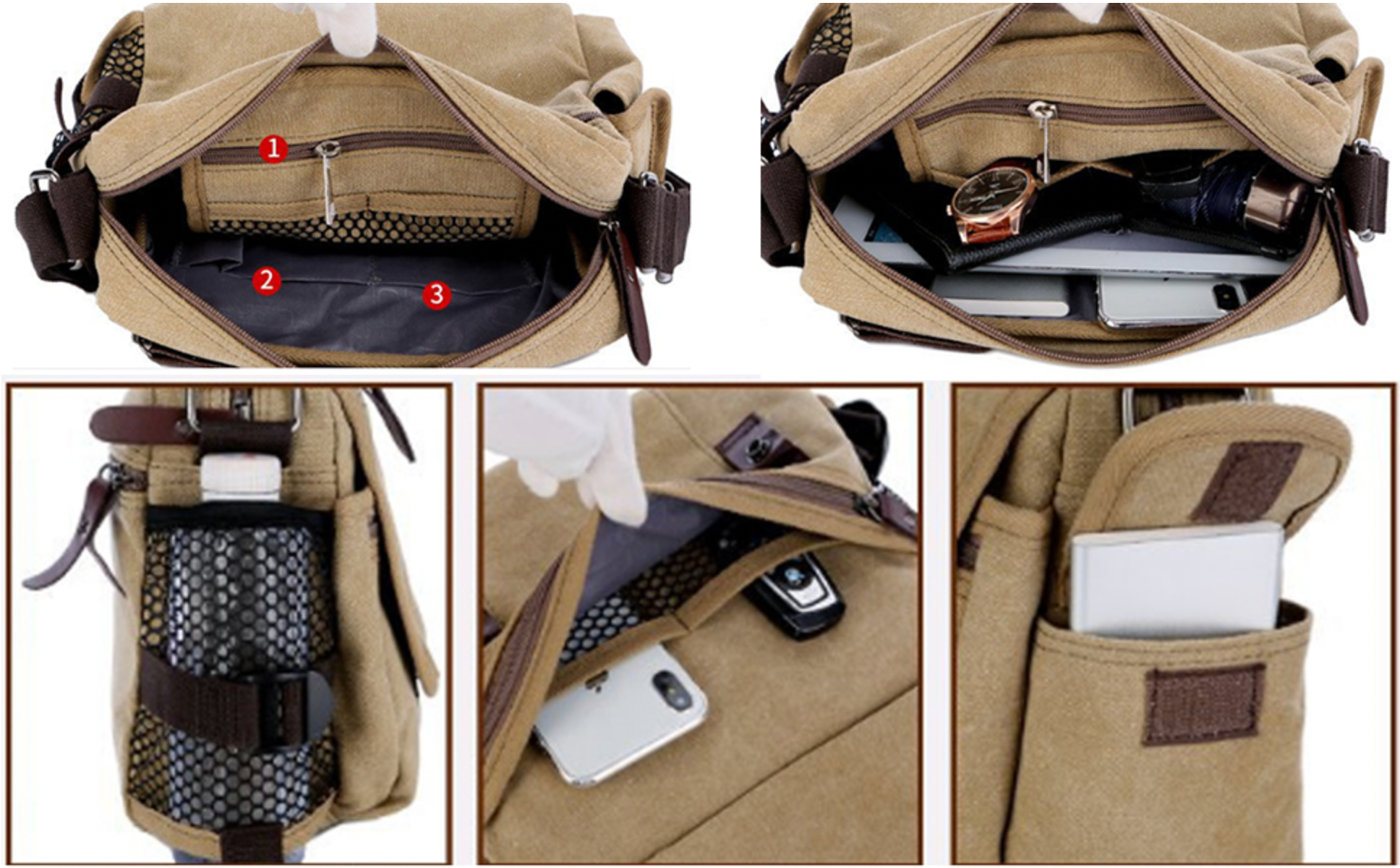 Zaino in tela beige con tasche multiple, scomparti per smartphone, orologio, chiavi e bottiglia. Design pratico per viaggi e uso quotidiano.