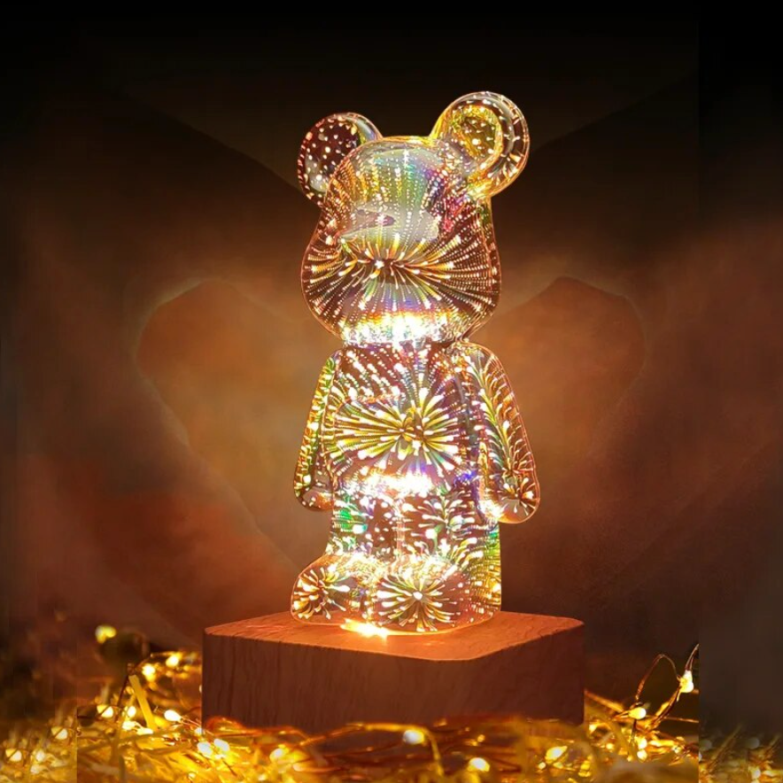 Lampada decorativa a forma di orso, effetto 3D olografico, luci LED multicolore, base in legno, ideale per arredamento moderno e illuminazione ambientale.