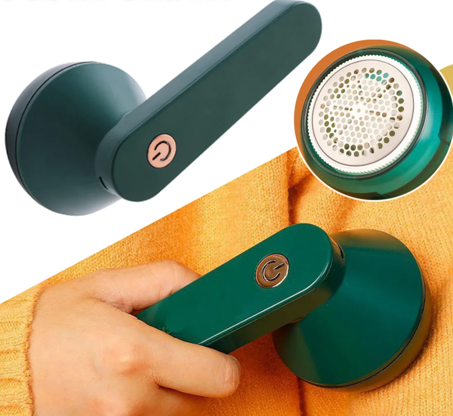 Rimuovi pelucchi elettrico verde, portatile, con pulsante di accensione. Ideale per maglioni, tessuti, abbigliamento. Design ergonomico e moderno.