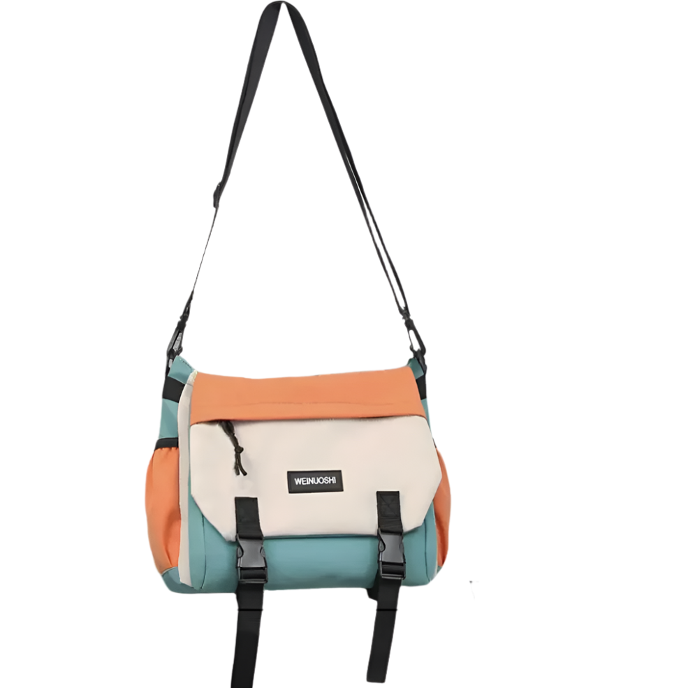 Borsa a tracolla multicolore con tasche, design moderno, chiusura a fibbia, ideale per viaggi e uso quotidiano. Accessorio moda unisex.