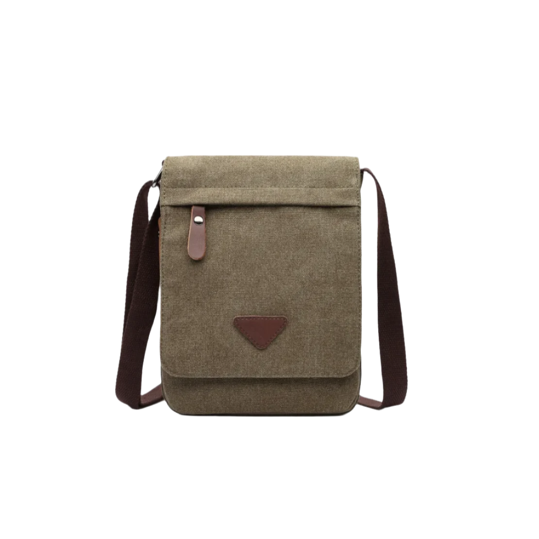 Borsa a tracolla uomo in tela marrone, design vintage, con patta frontale e chiusura a bottone. Ideale per lavoro e tempo libero.