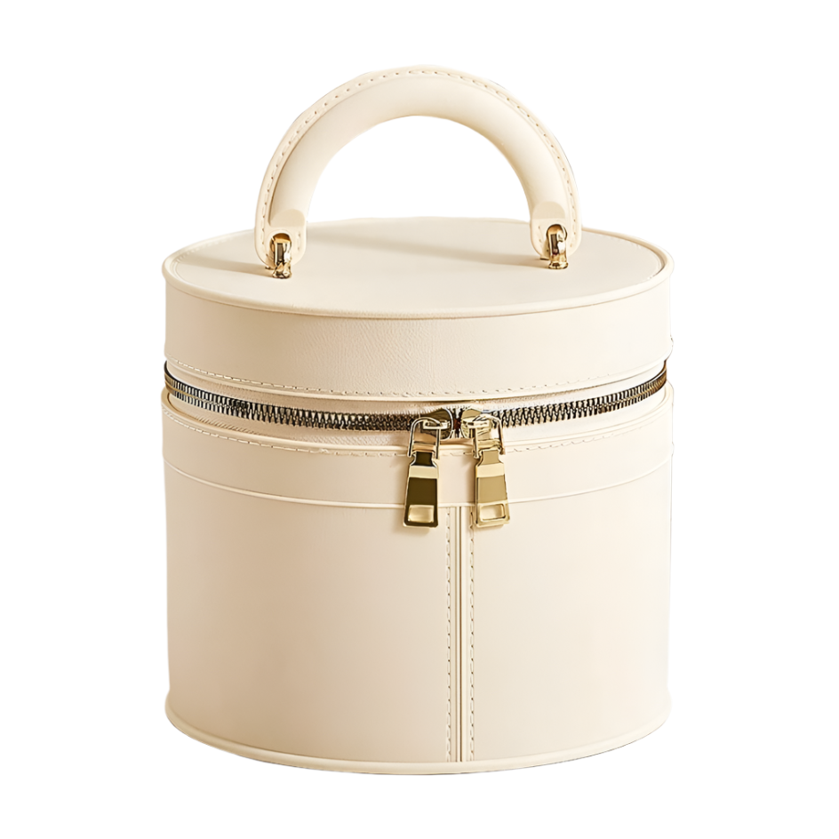 Borsa a tracolla rotonda in pelle beige con cerniera dorata e manico superiore. Design elegante e moderno, ideale per moda femminile.