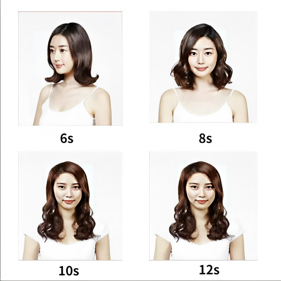 Quattro immagini di una donna con diverse acconciature ondulate, etichettate con tempi di styling: 6s, 8s, 10s, 12s. Capelli castani, look elegante.