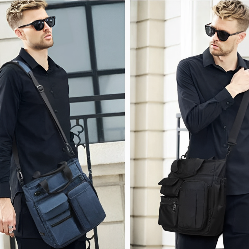 Due uomini con occhiali da sole indossano borse a tracolla eleganti, una blu e una nera, ideali per lavoro e viaggio, moda urbana maschile.