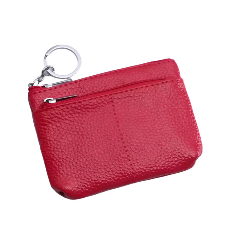 Portamonete in pelle rossa con cerniera e anello portachiavi, design elegante e compatto, accessorio moda donna, ideale per carte e monete.