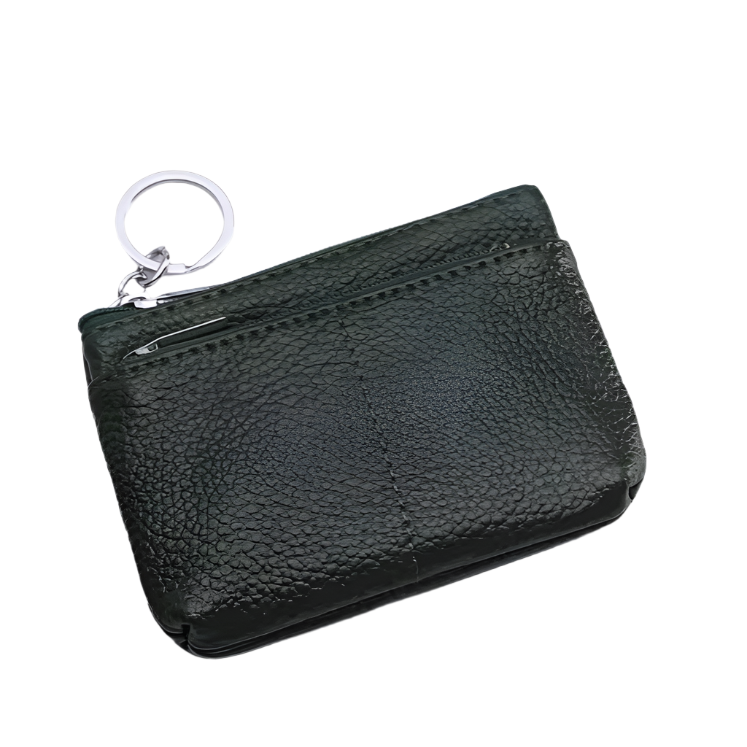 Portachiavi in pelle nera con cerniera, design elegante e compatto, ideale per organizzare chiavi e piccoli oggetti. Accessorio moda uomo/donna.