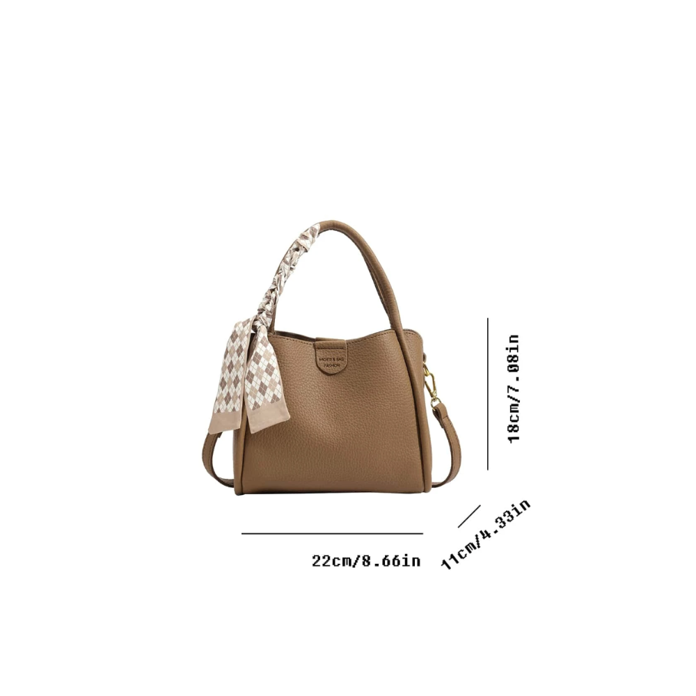 Borsa a mano in pelle marrone con foulard decorativo, dimensioni 22x11x18 cm. Elegante accessorio moda donna, perfetto per ogni occasione.