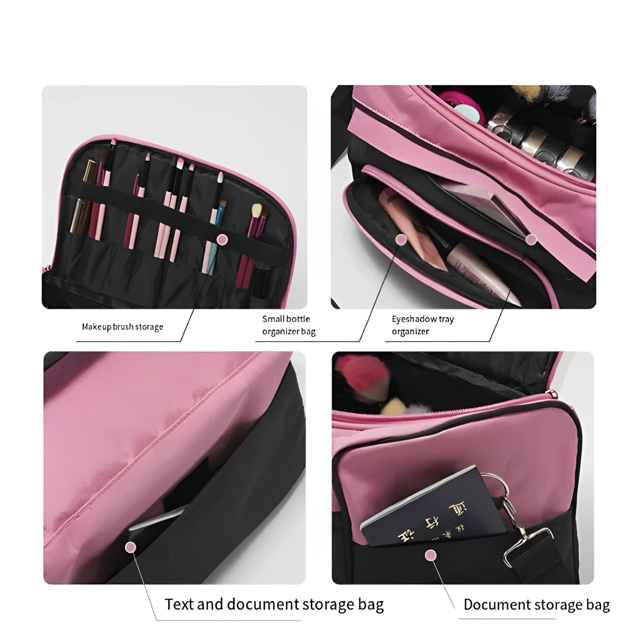 Borsa organizer trucco rosa e nera con scomparti per pennelli, ombretti e documenti. Ideale per viaggi, cosmetici e accessori beauty.