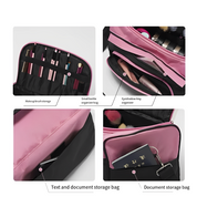 Borsa organizer trucco rosa e nera con scomparti per pennelli, ombretti e documenti. Ideale per viaggi, cosmetici e accessori beauty.