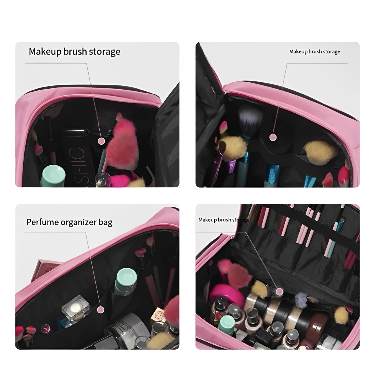 Borsa organizer rosa per trucchi e profumi, con scomparti per pennelli e flaconi. Ideale per viaggi e organizzazione cosmetici.