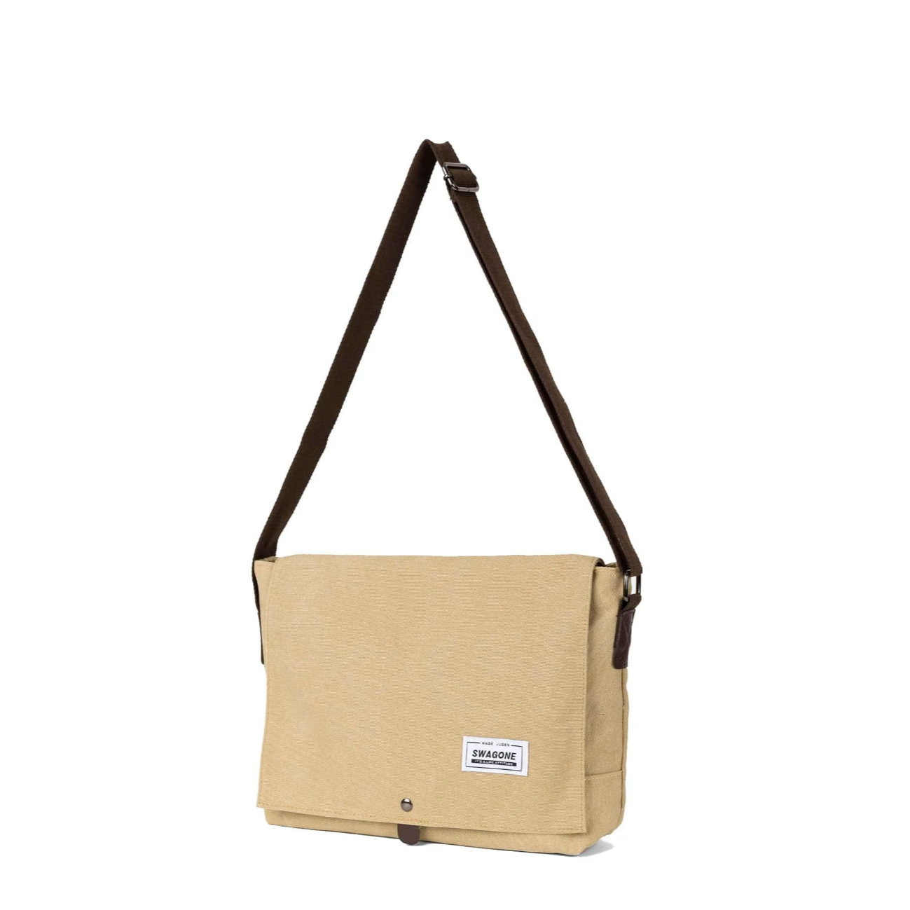 Borsa a tracolla beige in tela, design minimalista, con tracolla marrone regolabile e chiusura a bottone. Ideale per uso quotidiano e lavoro.