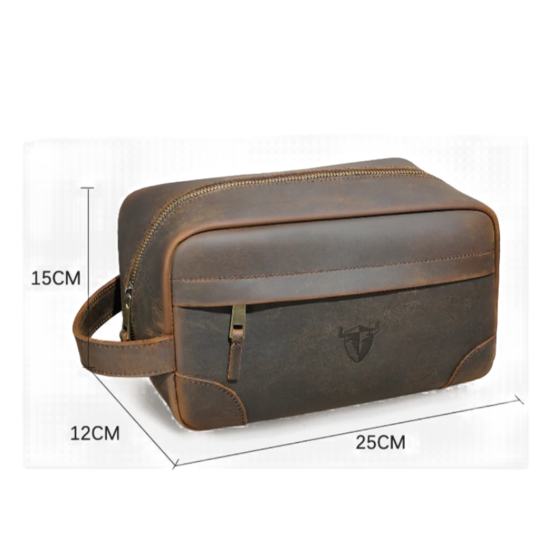 Borsello da viaggio in pelle marrone, dimensioni 25x15x12 cm, con cerniera e manico laterale. Elegante e resistente, ideale per uomo.