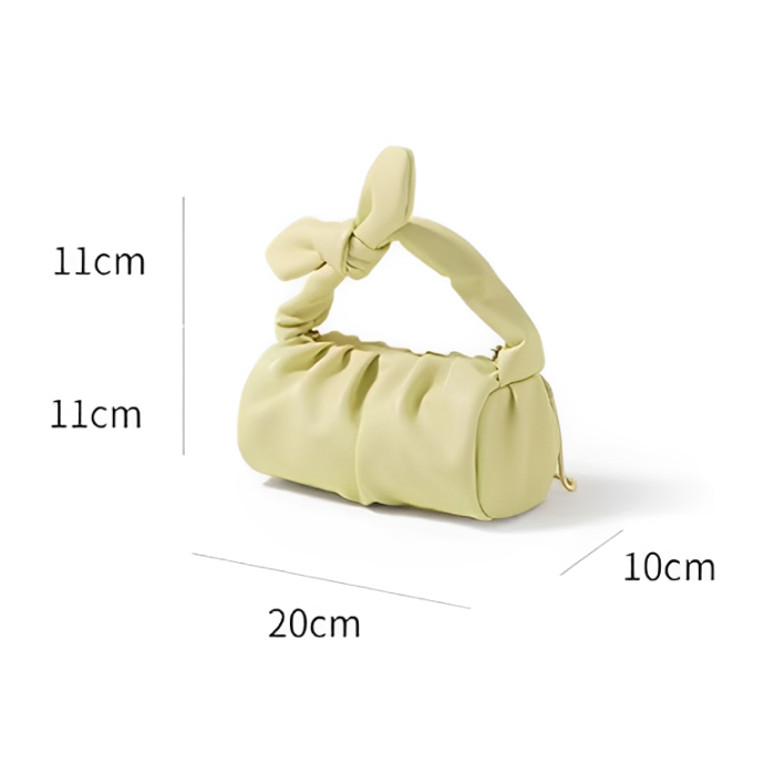 Borsa a mano verde chiaro in pelle sintetica, design moderno con manico annodato. Dimensioni: 20x10x11 cm. Accessorio moda elegante e versatile.