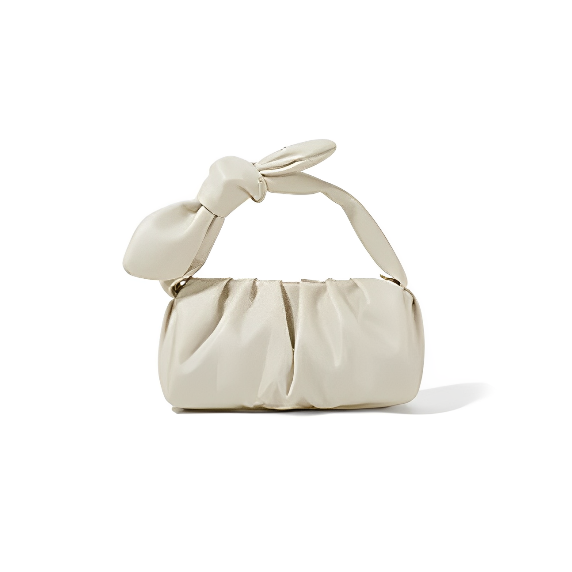 Borsa a mano in pelle beige con nodo decorativo, design elegante e moderno, accessorio moda donna, perfetta per eventi e uscite serali.
