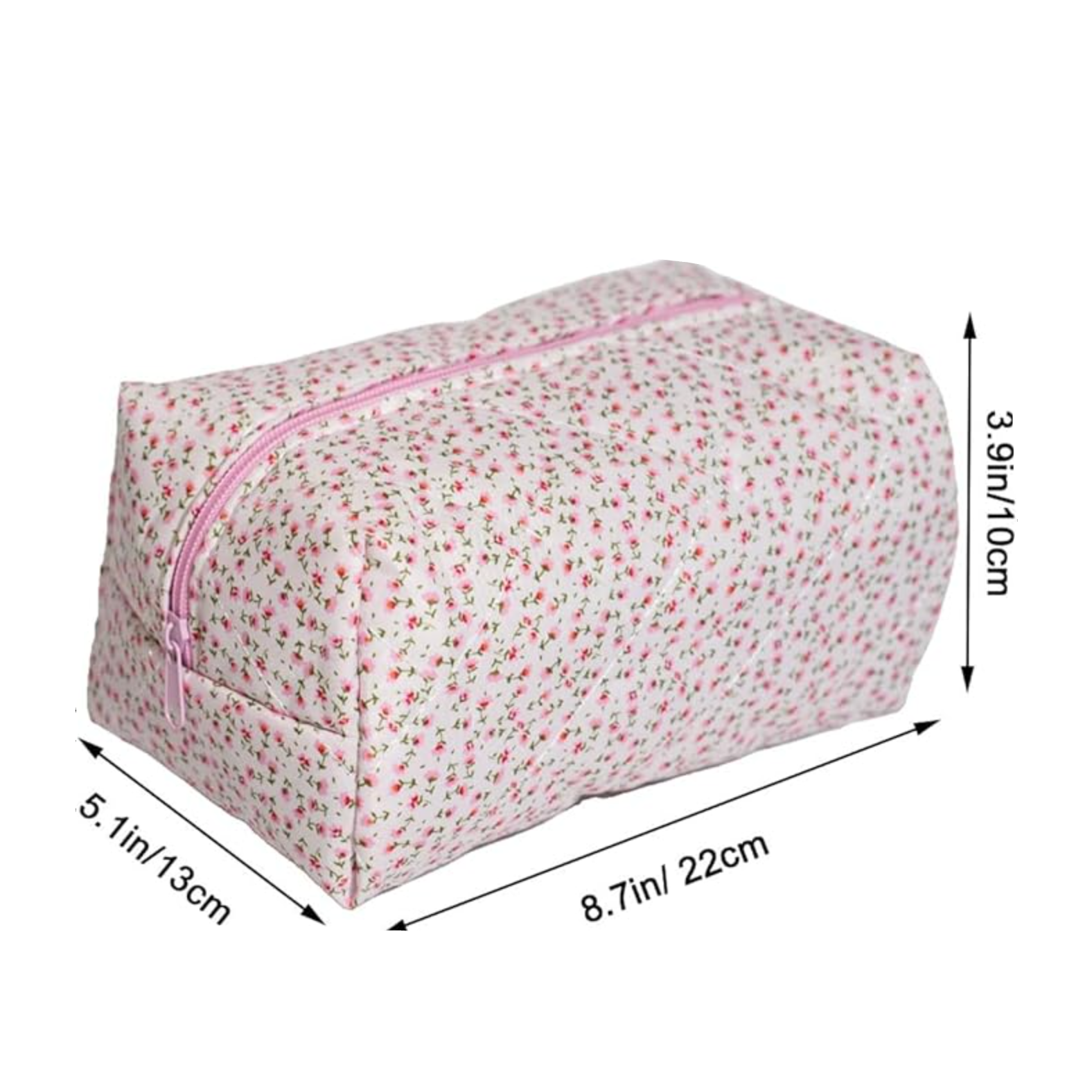 Astuccio cosmetico floreale in tessuto, dimensioni 22x13x10 cm, con cerniera rosa. Ideale per trucco e accessori da viaggio.
