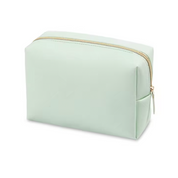 Astuccio da toilette verde menta in tessuto impermeabile con cerniera dorata, ideale per viaggi, organizzazione cosmetici e accessori bagno.