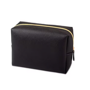 Elegante beauty case nero in pelle sintetica con cerniera dorata, ideale per cosmetici e accessori da viaggio. Design moderno e funzionale.