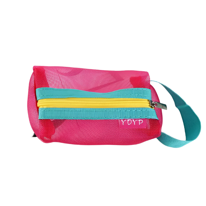Borsa da toilette in rete rosa con cerniera gialla e manico turchese, ideale per viaggi, organizzazione cosmetici, accessori bagno.