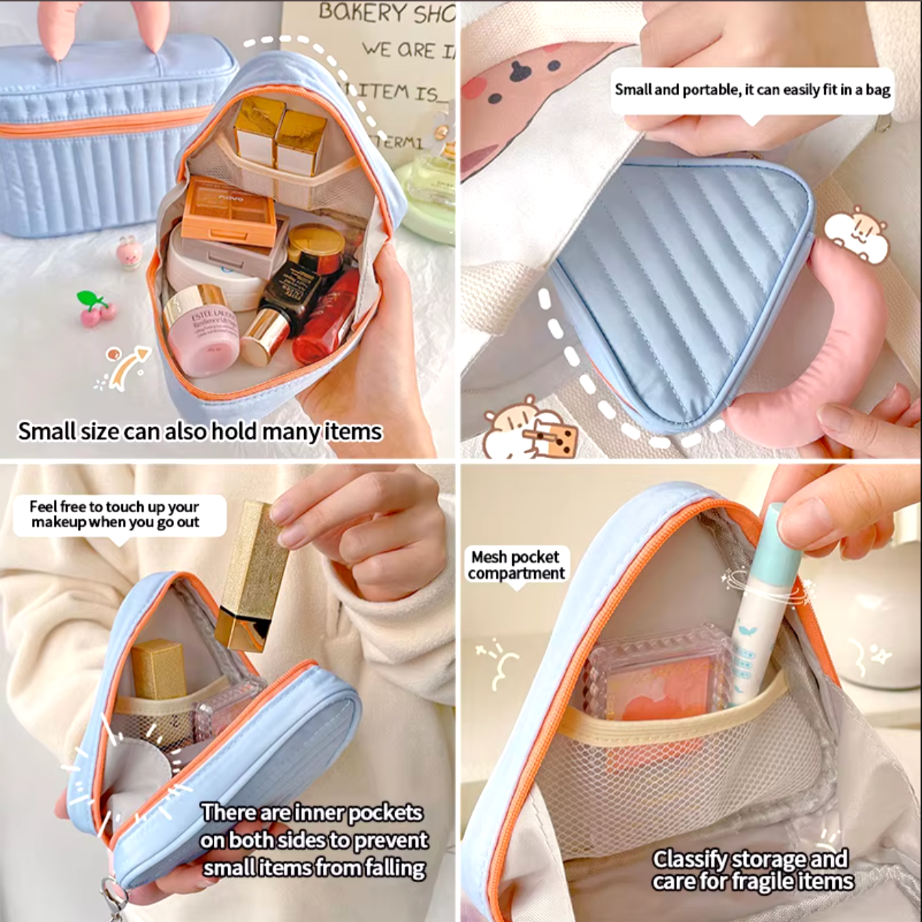 Borsa cosmetica portatile con tasche interne, scomparto a rete, ideale per trucco e piccoli oggetti. Compatta, facile da trasportare in borsa.