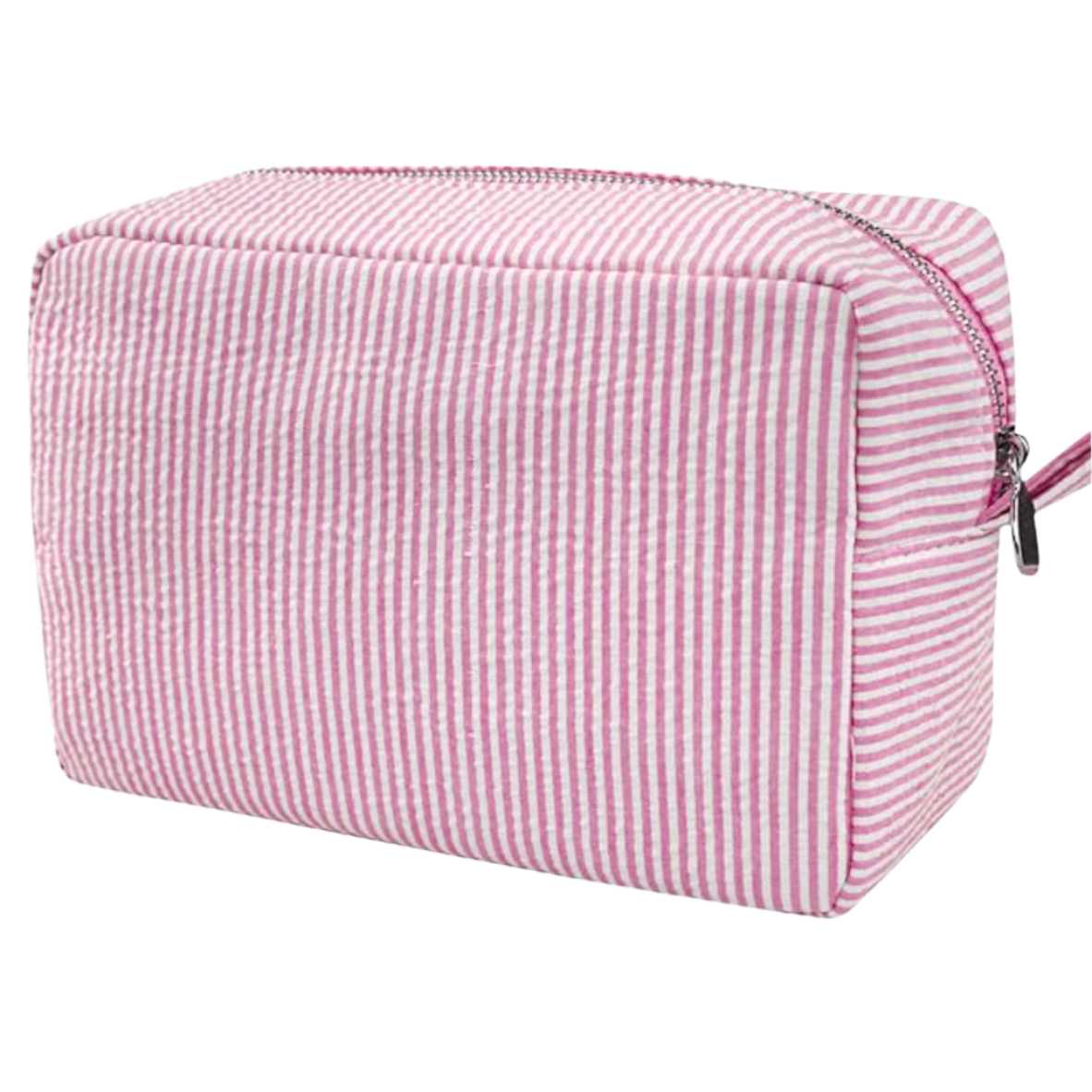 Astuccio da viaggio a righe rosa e bianche, con cerniera, ideale per cosmetici. Design elegante e pratico per organizzare accessori personali.