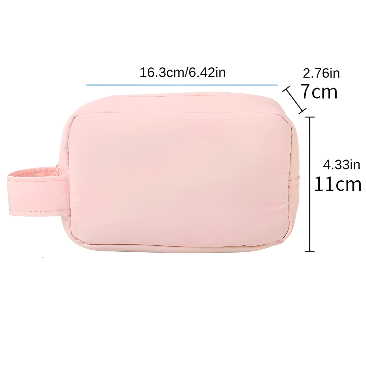 Astuccio da viaggio rosa, dimensioni 16,3x11x7 cm, con manico laterale. Ideale per cosmetici, accessori, organizzazione bagagli.