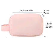 Astuccio da viaggio rosa, dimensioni 16,3x11x7 cm, con manico laterale. Ideale per cosmetici, accessori, organizzazione bagagli.