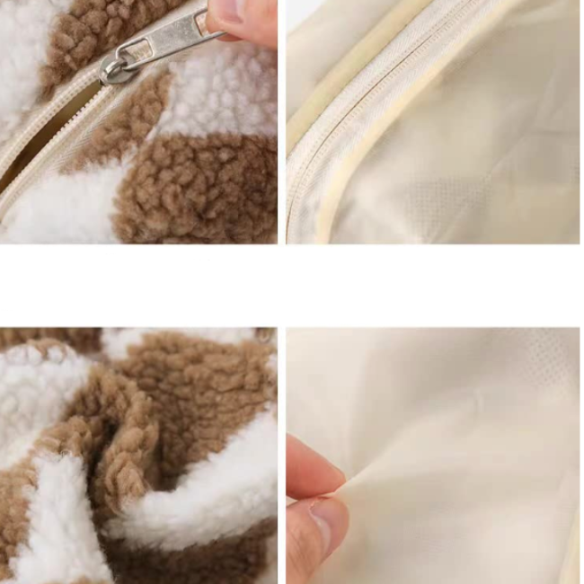 Quattro immagini mostrano dettagli di una coperta in pile marrone e bianco con cerniera, evidenziando texture morbida e chiusura pratica.