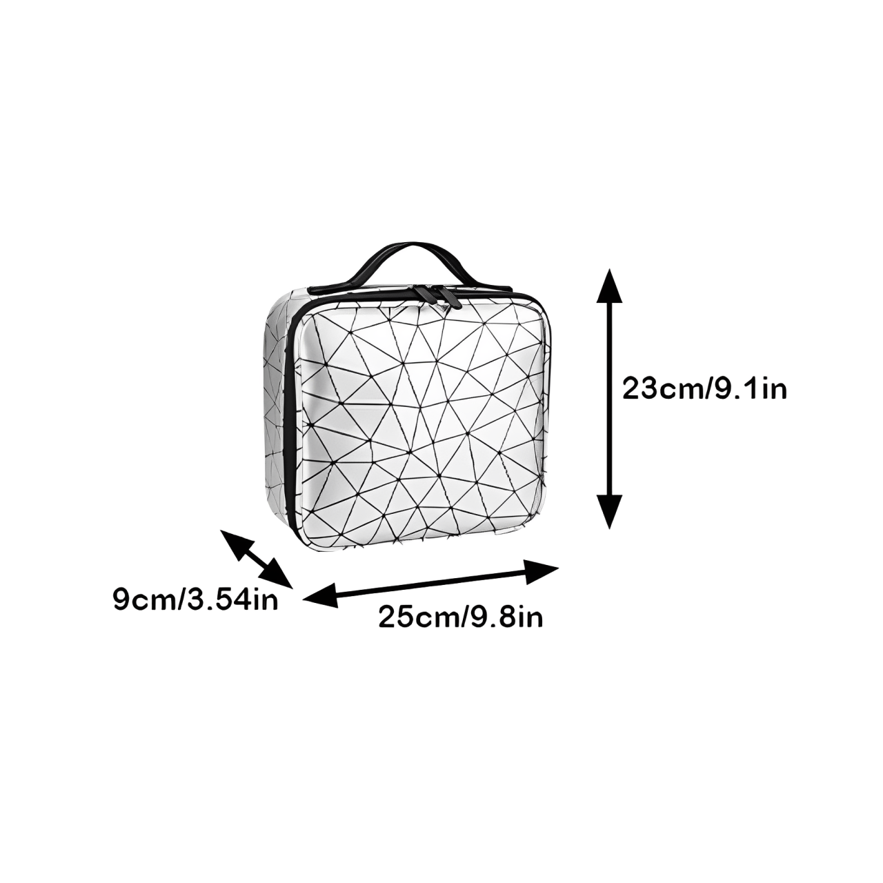 Borsa termica geometrica bianca e nera, dimensioni 25x23x9 cm, con manico superiore. Design moderno, ideale per pranzo e picnic.
