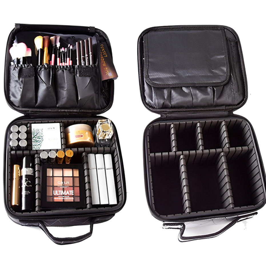 Borsa trucco professionale nera aperta, con pennelli, rossetti e cosmetici organizzati. Ideale per viaggi e make-up artist.