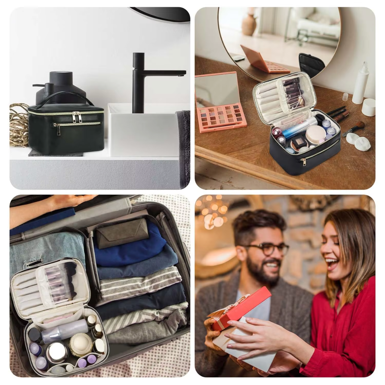 Set di beauty case da viaggio nero, elegante e spazioso, con scomparti per cosmetici e accessori, ideale per organizzare prodotti di bellezza.