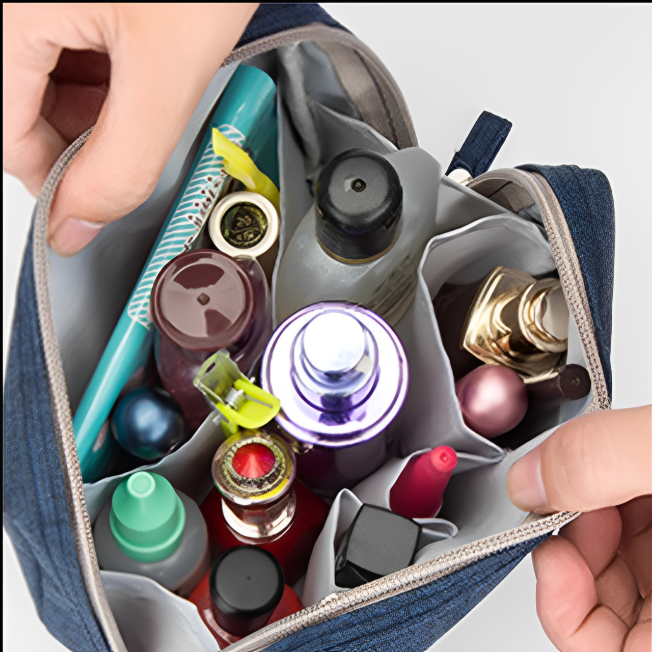 Borsa cosmetica aperta con vari flaconi di profumi, rossetti e accessori trucco. Organizer da viaggio, beauty case compatto, accessori make-up.