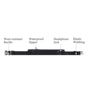 Cintura da corsa nera con fibbia resistente, cerniera impermeabile, jack per cuffie e fascia elastica. Accessorio sportivo pratico e durevole.