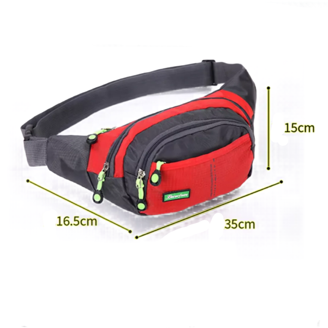 Marsupio sportivo rosso e grigio con cerniere verdi, dimensioni 35x16.5x15 cm. Ideale per attività all'aperto, trekking, viaggi. Tasche multiple.