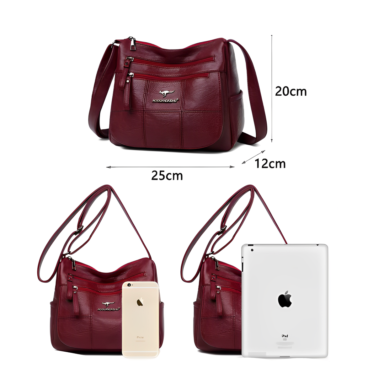 Borsa a tracolla in pelle rossa da donna, dimensioni 25x12x20 cm, con tasche multiple, compatibile con iPhone e iPad. Elegante e pratica.