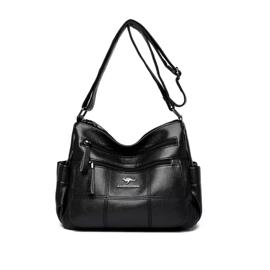 Borsa a tracolla nera in pelle, design elegante con tasche multiple e logo centrale. Accessorio moda donna, stile casual e versatile.