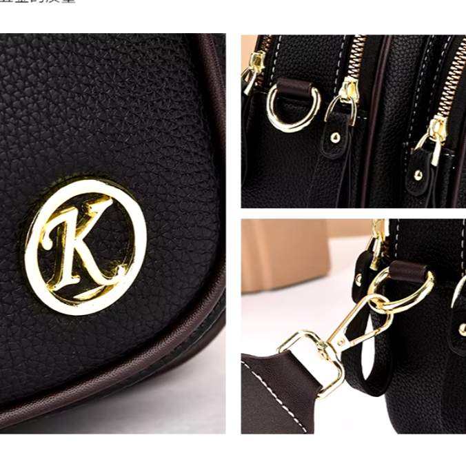 Zaino nero in pelle con dettagli dorati, cerniere robuste e logo "K". Design elegante e funzionale, ideale per moda e praticità quotidiana.