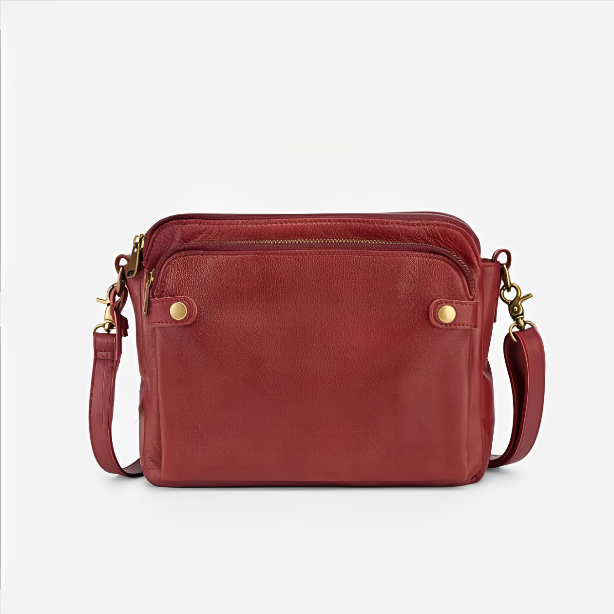 Borsa a tracolla in pelle rossa con dettagli dorati, design elegante e compatto, ideale per moda donna. Accessorio di tendenza per ogni occasione.