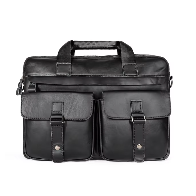 Borsa ventiquattrore in pelle nera con doppie tasche frontali e manici robusti, ideale per lavoro e ufficio. Design elegante e funzionale.